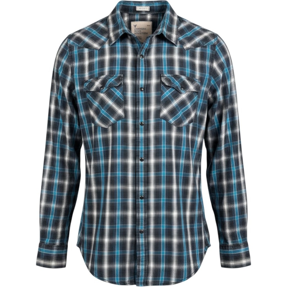 American Eagle Vintage Fit XXL Plaid Western Snap Shirt Blue Black 2011